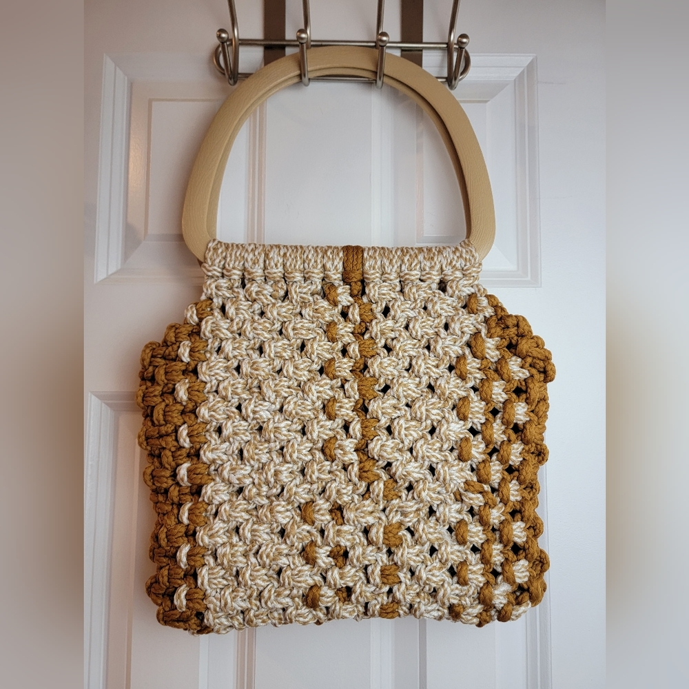 Macrame Woven‎ Nylon RopeFaux Wooden Top HandleTote Handbag